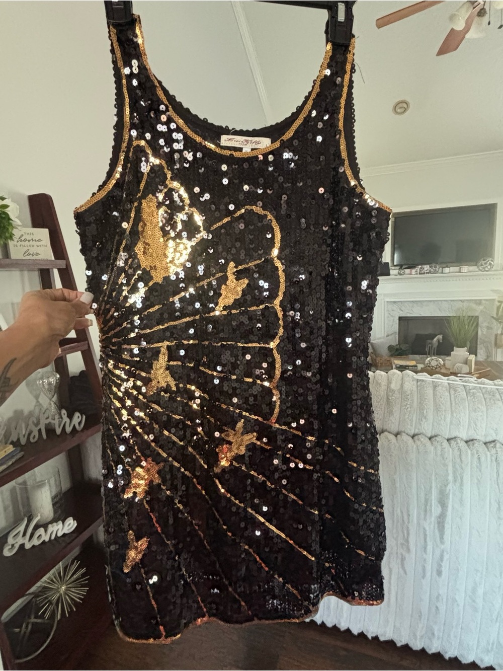 Black Sequin Tank Dress with Gold Starburst Motif